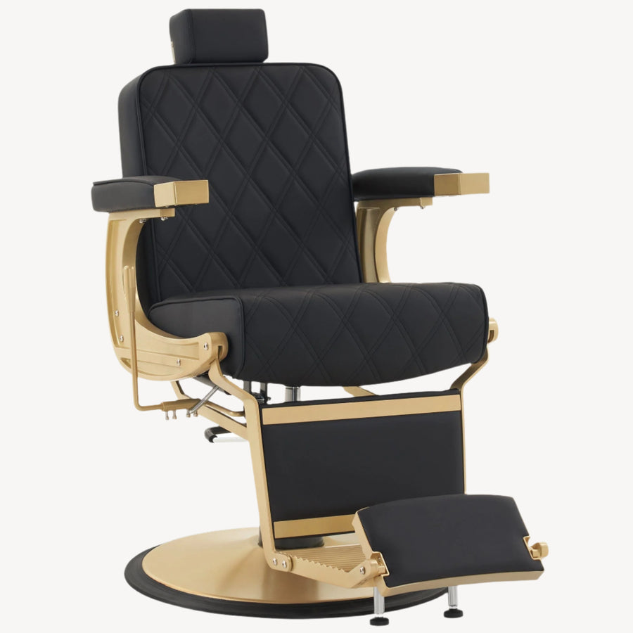 Brooks Salon Furnishing Majestic Luxe Barber Chair Black with Gold Frame DSP-BBP-BBCHR-6154-FR3825-GD
