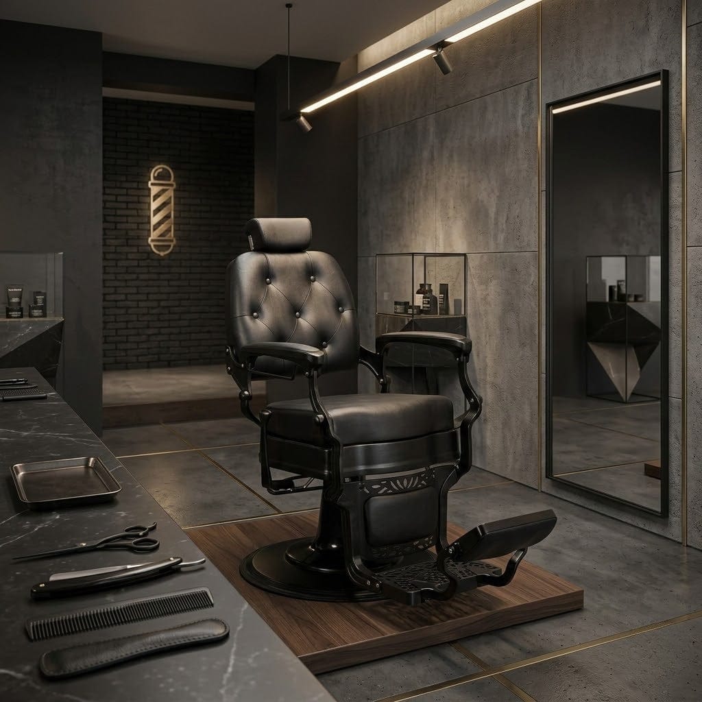 Vintage barber chair in a dark, upscale barbershop interior