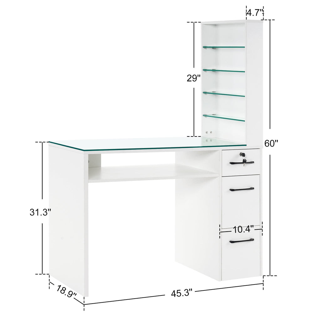Mesa de manicura organizadora con tapa de vidrio color blanco