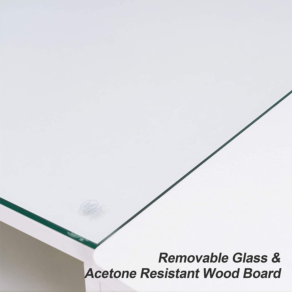 Mesa de manicura organizadora con tapa de vidrio color blanco