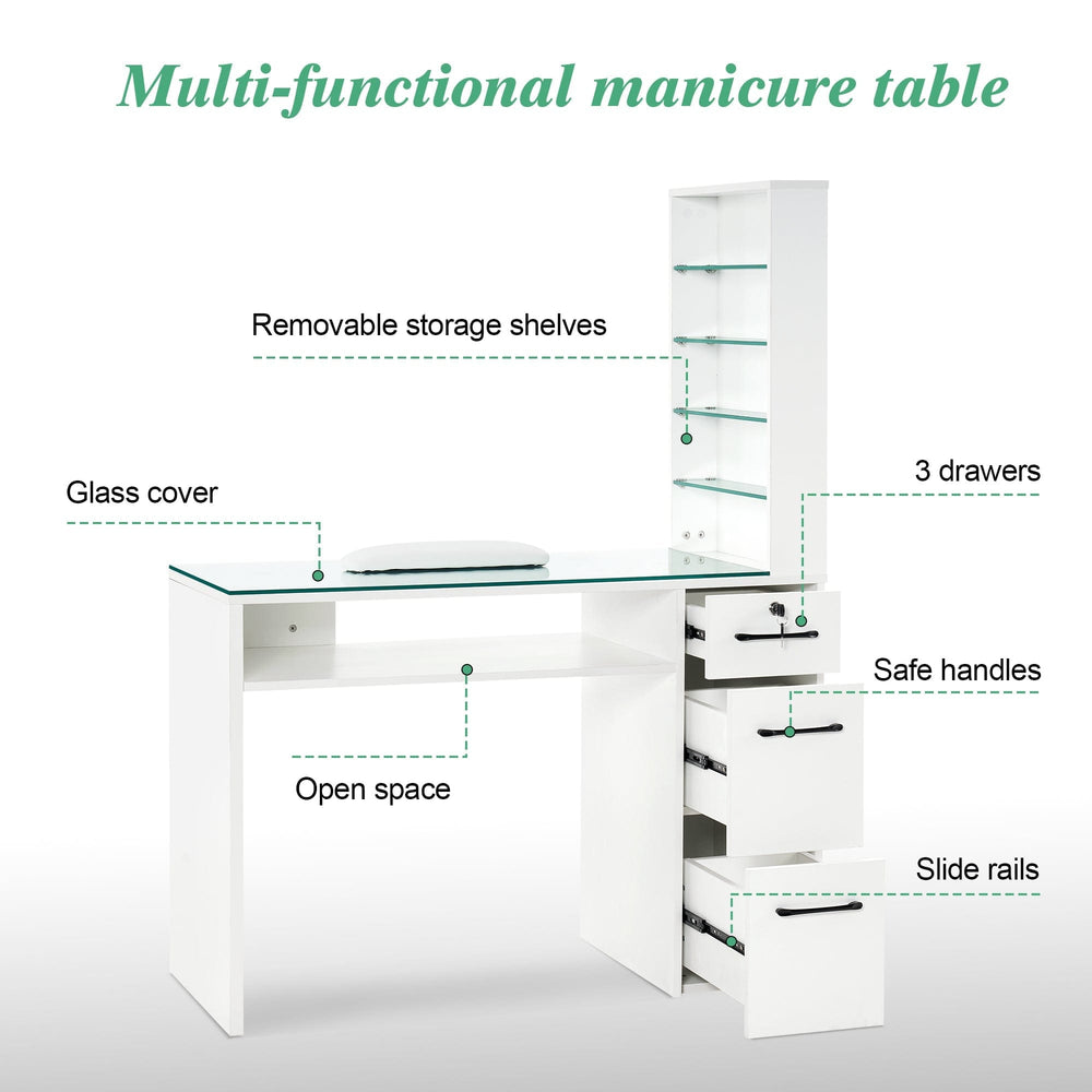 Mesa de manicura organizadora con tapa de vidrio color blanco