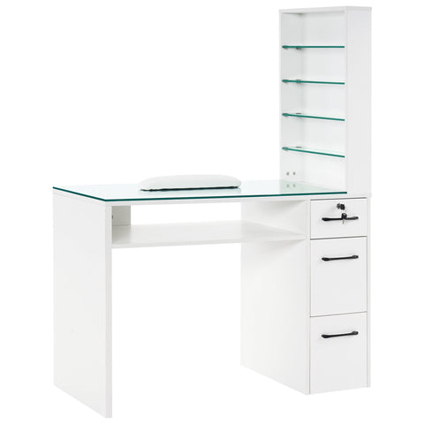 Mesa de manicura organizadora con tapa de vidrio color blanco