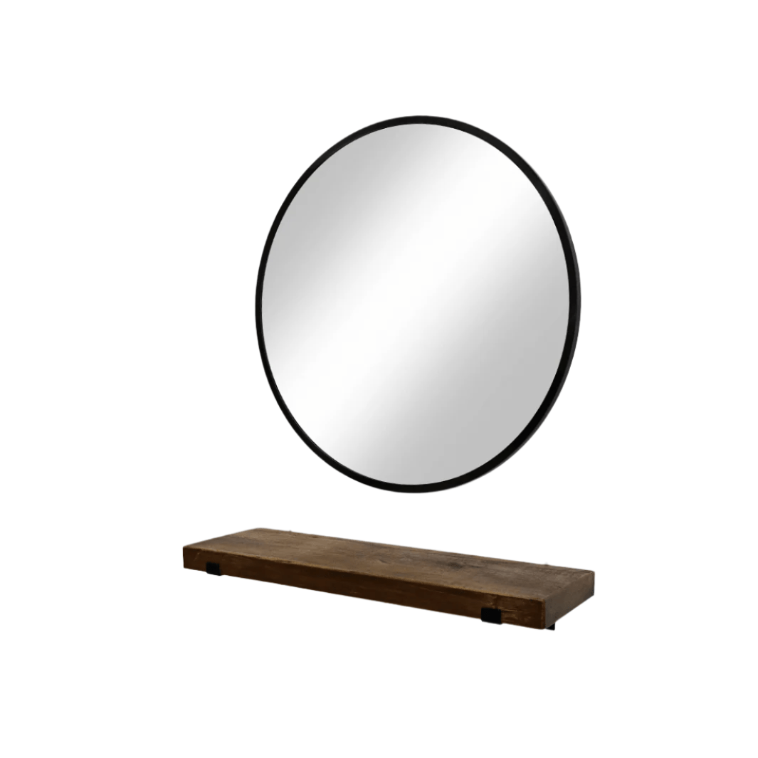 Keller International Sierra Reclaimed Single Shelf Station Black Metal Frame Round Mirror DSP-KEL-SYSTL-K7738