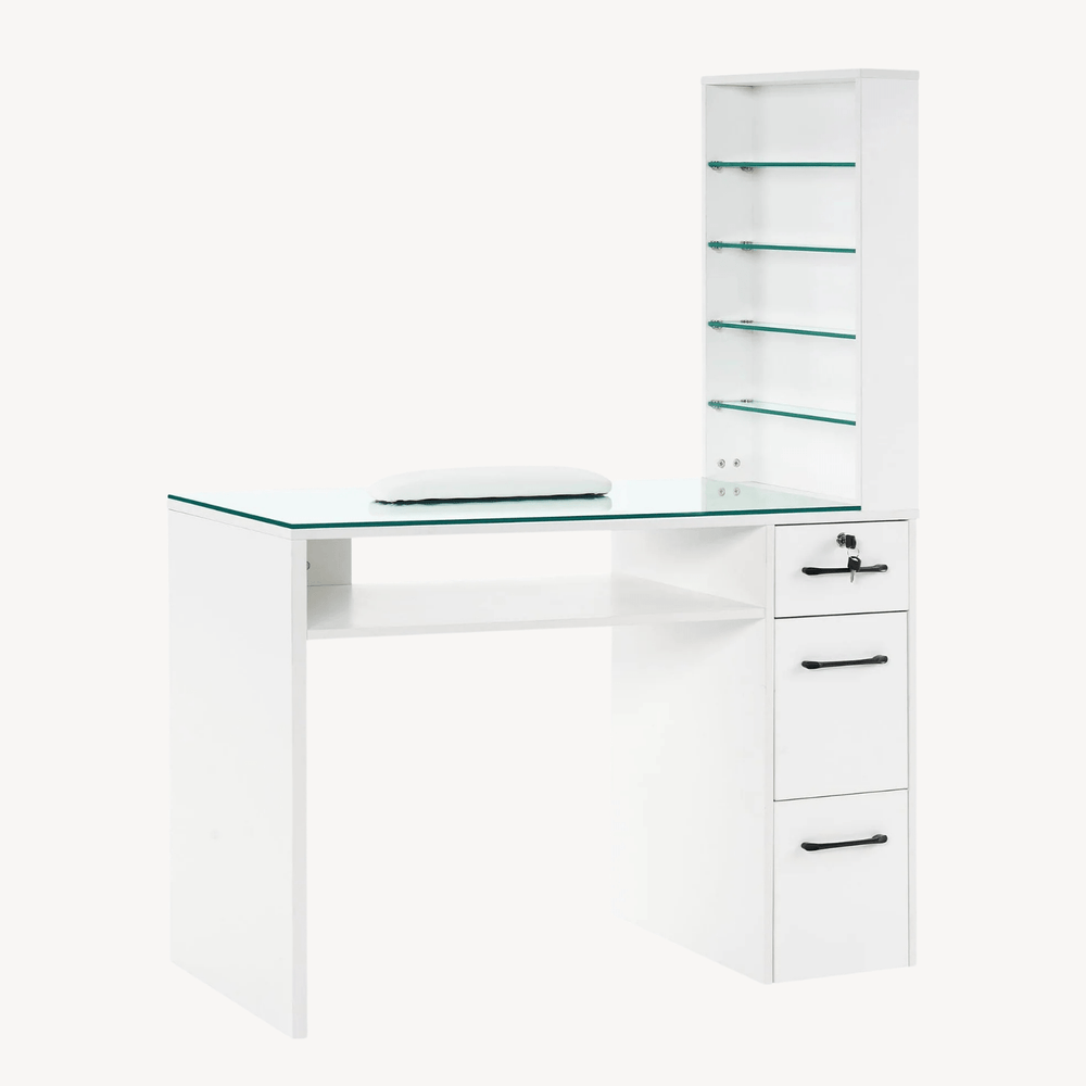 White Glass-Top Organizer Manicure Table
