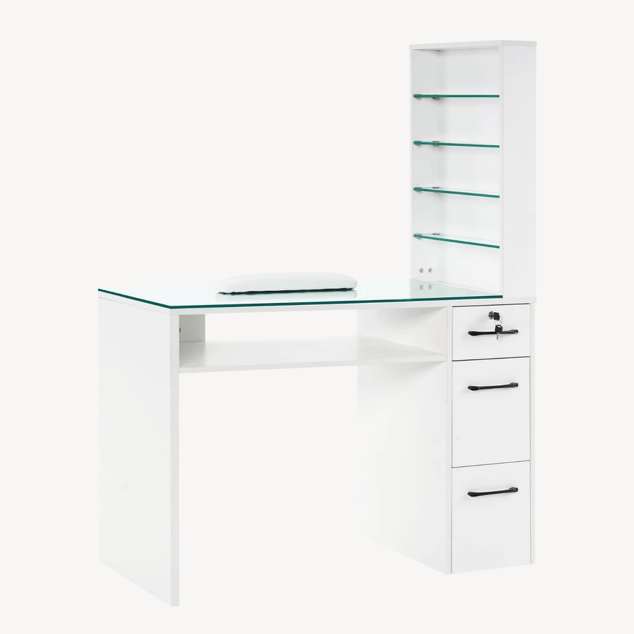 Brooks Salon Furnishing White Glass-Top Organizer Manicure Table