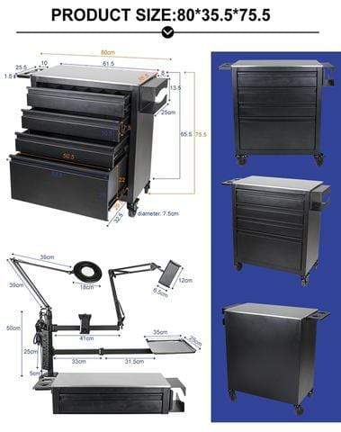 TatArtist Tattoo Workstation, Stainless Steel Tool Cabinet with Drawers TA4703 FF-DPI-TTCBN-4703-BLK